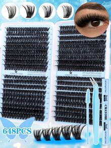 720/666/648pcs D-Curl Individual False Eyelashes Set, Includes Glue, Applicator, Brush, DIY Eyelash Extension Tools, Suitable For Beginners, Large Capacity Lash Book, Mixed Styles, Soft & Fluffy False Lashes, Natural & Reusable Individual Lashes With Adhesive, Easy To Use For Daily, Wedding, Night Party Eye Makeup - Multicolor - View 6