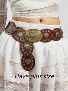 1条波西米亚朋克风复古网眼椭圆形女士腰带，铆钉装饰，适合搭配休闲裤/连衣裙、长裤、毛衣，是日常穿着、聚会、度假的理想之选，尺码齐全。