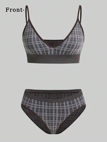 两件套无缝内衣套装 - 经典格子图案（无衬垫吊带背心和无钢圈文胸+内裤），V领女士文胸和内裤套装 - 咖啡棕 - 查看 7