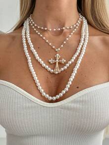 Bộ 4 mặt dây chuyền thánh giá bằng kim loại cổ điển hình Chúa Jesus, dây chuyền hạt ngọc trai giả thanh lịch, bộ trang sức quyến rũ dành cho nữ (pha lê và đĩa vàng - Màu sắc và số lượng ngẫu nhiên, dựa trên sản phẩm thực tế) - Đi qua - Xem 25