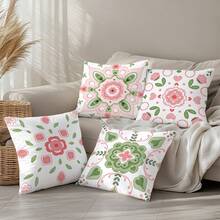 1件简约日常粉绿波西米亚风花卉植物印花装饰抱枕套，单面桃绒面料，45*45厘米/18*18英寸，适用于房间装饰、现代沙发客厅装饰，礼品 - 彩色 - 查看 7