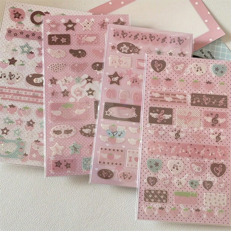 粉色音符和草莓闪光贴纸 - 带有心形、星星和花朵图案，适用于手机壳、水瓶、日记本 - 耐用塑料装饰贴纸，适合青少年和成人 - 彩色 - 查看 4