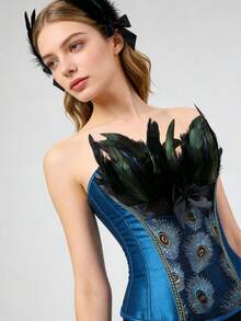 1 件女士优雅孔雀印花束身衣腰带 - 复古蕾丝、海军蓝缎子、幽默万圣节服装 - 彩色 - 查看 11