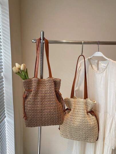 2026 Spring/Summer New Vacation Style Woven Bucket Bag, Lightweight Straw Beach Bag With Drawstring, Suitable For Shopping, Wallet, Young Women, College Students, Newlyweds, Office Ladies. Great For Office, University, Work, Business, Commuting, Outdoor Activities, Travel And Picnics