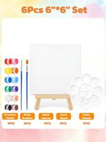 8Pcs 12 Colors Acrylic Paints With 5*7 In & 6*6In Flat Canvas Board And Easel Stand Set, Flat And Round Tip Small Paint Brushes, Palette Trays, Disposable Art Apron Smocks, Rainbow Tote Bags, Painting Drawing Supplies Versatile Painting Starter Kit For Art Classes Group Painting, Paint And Sip Parties, Date Night Couple Games