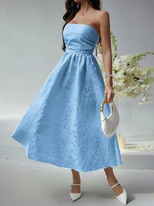 Look Polly Women's Summer Dress, Solid Color Jacquard Dress, Strapless Dress, Suitable For Weddings, Autumn Fashion, Back To School, Parties, Formal Occasions, Elegant Printed Dress - Baby Blue - View 11