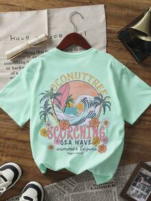 1pc Tropical Print Pullover Short Sleeve T-Shirt For Tween Girls, Comfortable & Fashionable Summer Top For Young Students - Mint Green - View 3