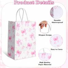 6/12个粉色蝴蝶结主题派对装饰礼品袋，纸质手提袋，礼品盒，礼品袋，纸袋 - 派对袋，礼品袋，适用于婚礼、婚礼用品、公主派对用品、节日、派对回礼、性别揭晓派对、单身派对礼品袋填充物、婚礼用品、教师节礼物、下午茶派对用品、生日派对、婚礼回礼、生日礼物 - 可重复使用 - 多色 - 查看 4