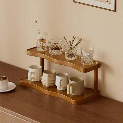 1pc 2-Tier Brown Desktop Storage Rack - Non-Slip Space-Saving Organizer Rack, Wavy Artistic Edge Design, Suitable For Small Spaces, Multi-Functional Storage For Cosmetics, Spices, Bottles And Baskets, Kitchen Countertop Organizer, Decorative Rack, Cup Holder, Cosmetic Rack, Natural Tone