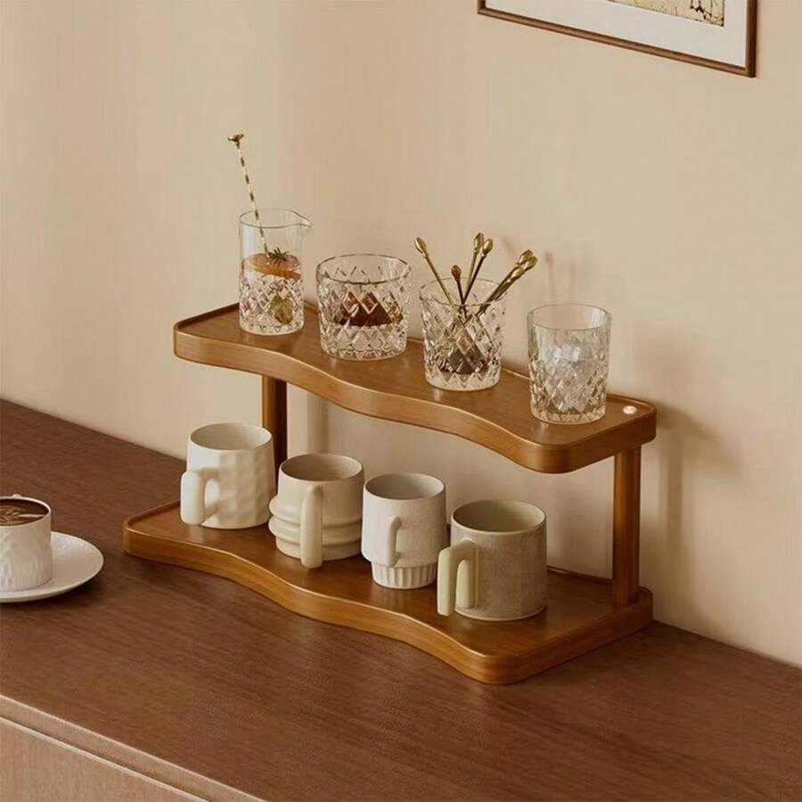 1 pieza Estantería de almacenamiento de escritorio de 2 niveles en color marrón - Organizador antideslizante y ahorra espacio, con diseño de borde ondulado artístico, adecuado para espacios pequeños, almacenamiento multifuncional para cosméticos, especias, botellas y cestas, organizador de encimera de cocina, estantería decorativa, portavasos, estantería de cosméticos, tono natural - Marrón Mocha - Ver 1