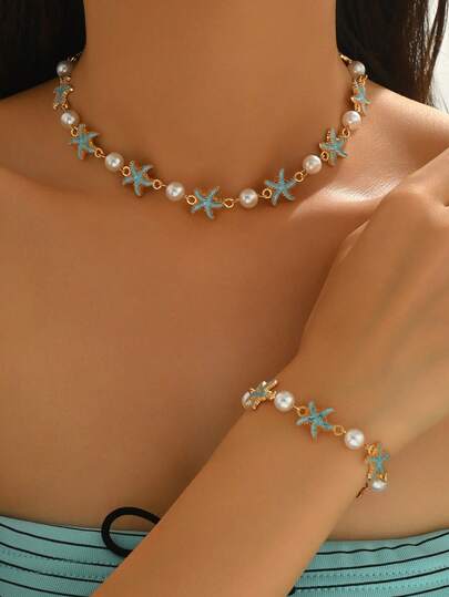 2 st/set sommarstrandsemester halsband och armband med konstpärlor i blått sjöstjärna, handgjort smyckeset i havsstil för kvinnor, lämpligt för vardagsbruk, strandresor och fotodekoration