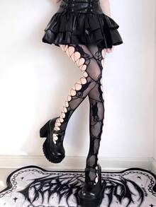 1 Pair Spring/Summer Pink/Black/White Hollow Out Fishnet Stockings, Asymmetrical Mesh Tights With Side Rose Flower Cutouts, Distressed Jacquard Sheer Pantyhose, Y2K Baddie Punk Rock Festival - Multicolor - View 13