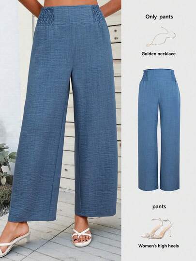 2025 New European & American Style Women's Spring/Summer Fashion Solid Color Elastic Waist Wide Leg Pants, Loose Comfortable Versatile Casual Trousers, Daily Simple