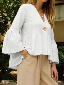 Spring/Summer New Women's Casual V-Neck Pullover Top, Travel & Outing Blouse, White Button-Down Shirt, Loose Fit Casual Women's Shirt - White - View 3