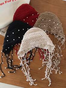 1pc Women's Handmade Crochet Hollow Out Beanie Hat, Lightweight Knitted Tassel Decor Cap, Fashion Headwear For Summer Sun Protection, Bohemian Style For Mothers And Daughters, Random Color Shipped (Slightly Oversized, Minor Color Difference From Actual Item) - Multicolor - View 3
