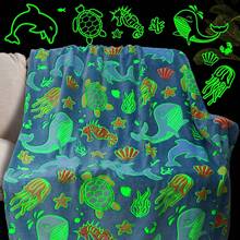 Soft, Lightweight And Warm Flannel Glow-In-The-Dark Blanket With Dolphin, Whale, Turtle, Seahorse And Underwater World Patterns, Suitable For All Seasons, Great For Sofa, Bed Or Office Nap, Dates, And Holiday Gifts - Blue - View 1
