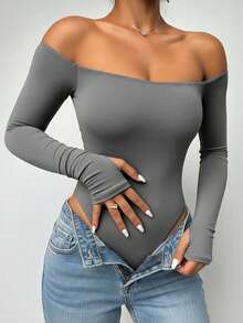 ChicMe 女士露肩修身连体衣，长袖T恤，带拇指孔袖口，纯色休闲时尚基础街头风，适合办公室、派对等春季场合。 - 灰色 - 查看 4