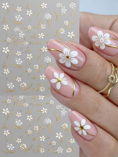 Hot Stamping Golden Petal Nail Stickers Elegant Floral Mirror Pattern With 3D Petal Relief, Self-Adhesive Glossy Nail Decals For Spring Summer DIY Manicure, Nail Art Supplies Gift For Women