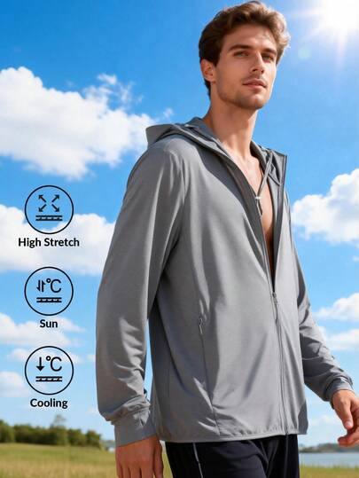 Men's Summer Ice Silk Breathable UV Protection Jacket With Detachable Hood, Cuffs And Fingerless Design, Outdoor Windbreaker