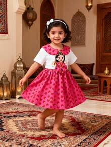 Ramadan Baby Girl Dress, Cute & Elegant Cartoon Girl & Damask Rose Print, Peter Pan Collar Short Sleeve Dress, Eid Al-Fitr Gift - Hot Pink - View 2