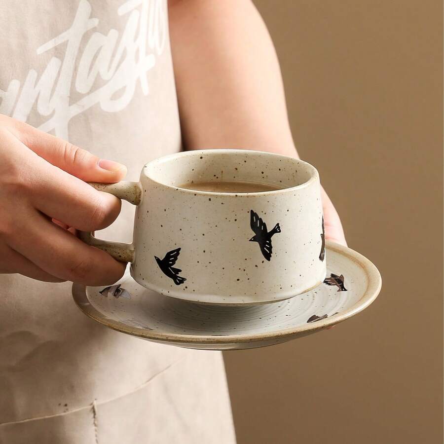 日式复古鸟纹陶瓷咖啡杯，创意窑烧陶瓷杯碟套装，家用粗陶下午茶杯，水杯 - 彩色 - 查看 1
