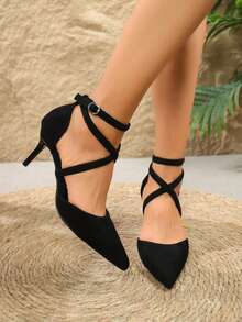 2026春秋新款女士经典尖头镂空高跟鞋，纤细性感闭趾交叉绑带高跟鞋 - 黑色 - 查看 6