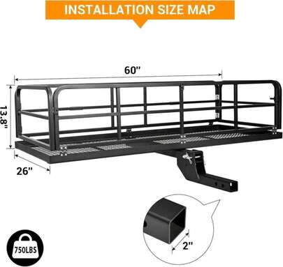 Hitch-Mounted Cargo Carrier - Rear Luggage Carrier, 750 Lbs Folding Hitch Mount Cargo Basket For 2" Receiver, Heavy-Duty Luggage Storage For SUV, RV, Truck, And Trailer