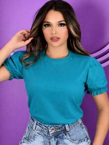 Modern Women's Blouse With Puff Sleeve - Blue - View 5