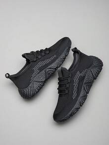 Men's Breathable Mesh Outdoor Shoes, Fashionable Thick Sole Casual Running Sneakers - Black - View 3