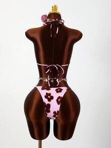 Bộ bikini 3 món nữ họa tiết hoa ly cổ điển lãng mạn, đồ bơi gợi cảm, thanh lịch cho kỳ nghỉ hè ở bãi biển. - màu hồng và tím - Xem 6