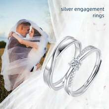 2 piezas Anillos de pareja ajustables de acero inoxidable plateado elegantes para compromiso y promesa nupcial - 1 - Ver 7