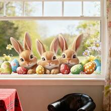 1/2pcs Easter Peeping Bunny Window Stickers, Cute Rabbit & Easter Eggs Floral Static Cling Decals, Removable Spring Party Home Decor, Holiday Decoration For Shops - Multicolor - View 2