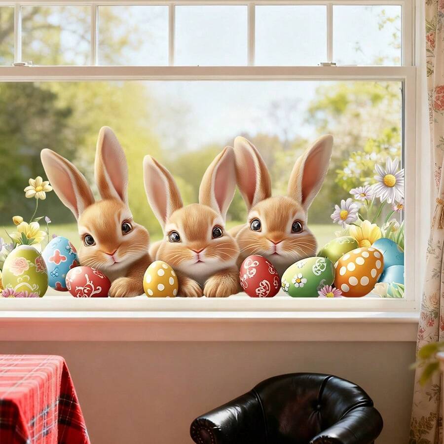 1/2pcs Easter Peeping Bunny Window Stickers, Cute Rabbit & Easter Eggs Floral Static Cling Decals, Removable Spring Party Home Decor, Holiday Decoration For Shops