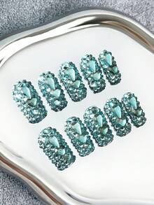 Y2K Square Nails Handmade Press-On Nails With Transparent Tips,Mint Blue Rhinestones & Sparkling Full-Coverage 3D Designs - Full Cover DIY Glitter Artificial Nails, False Nails For Parties, Outdoor, Beach, Daily, Holidays, Gatherings, Work & Special Events - 10 Pieces/Bag - Mint Blue - View 1