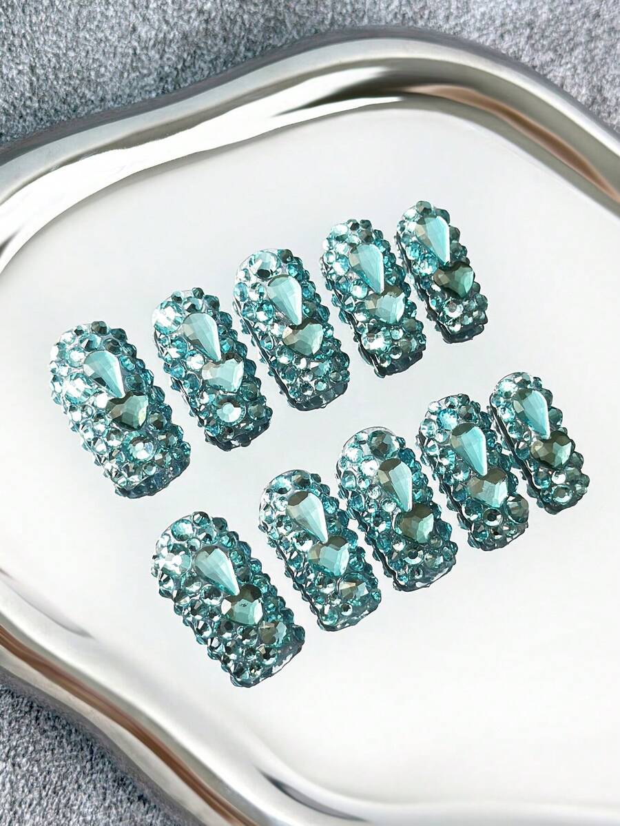 Y2K Square Nails Handmade Press-On Nails With Transparent Tips,Mint Blue Rhinestones & Sparkling Full-Coverage 3D Designs - Full Cover DIY Glitter Artificial Nails, False Nails For Parties, Outdoor, Beach, Daily, Holidays, Gatherings, Work & Special Events - 10 Pieces/Bag - Mint Blue - View 1