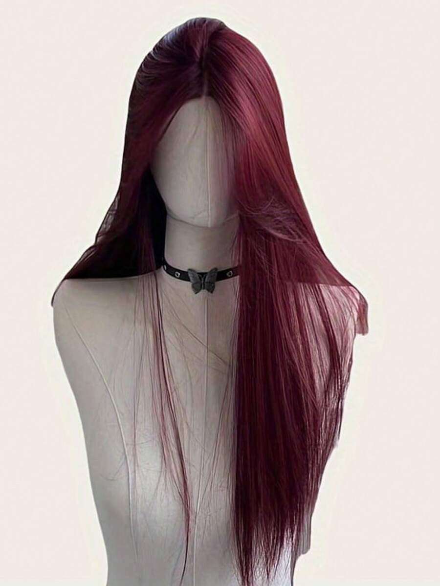 ZHUICHAO 26 Inch 180% Density Burgundy Reddish Human Blended Hair Straight Wig 13x4 Human Blended Hair Lace Front Wig With Baby Hair Heat Resistant & Breathable Synthetic Fiber Material Natural Hairline Free Parting Suitable For Party And Daily Wear - BUG - View 1