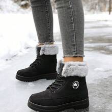 Women's Mid-Calf Boots, Women's Snow Boots, Warm Winter Shoes, Stylish Plush Trim, Thickened Fleece Lining, Suitable For Snowy Outings, Cold Winter Boots, Thickened Sole, Non-Slip And Wear-Resistant. - màu đen - Xem 3