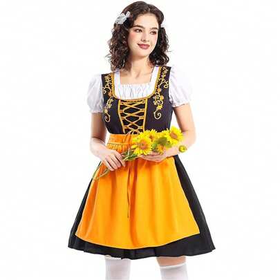 橙色女士慕尼黑啤酒节服装，包含围裙，巴伐利亚传统服饰，适合狂欢节、万圣节、女仆派对等场合。