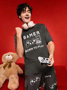 男士印花短袖睡衣套装，夏季家居服 - 黑色 - 查看 5