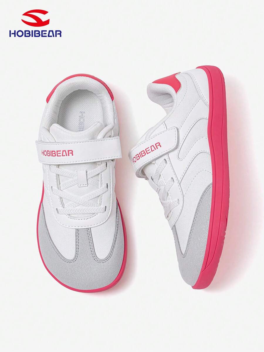 HOBIBEAR 儿童运动鞋，男女童款，魔术贴宽楦设计，舒适透气平底鞋，学生校园鞋，简约橡胶鞋底防滑耐磨零落差网面赤足鞋，适合秋季穿着 - 玫瑰紅 - 查看 1