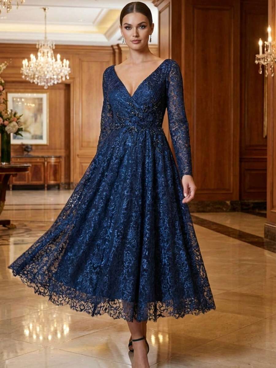 Đầm dạ hội dáng chữ A tay dài cổ chữ V, ren hoa 3D đính cườm, dài đến đầu gối - Xanh đậm - Xem 1