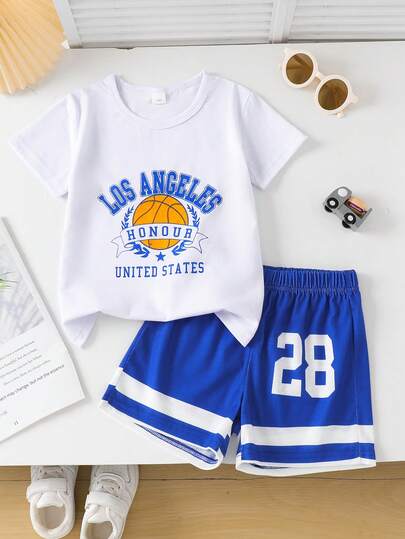 2pcs/Set Toddler Boys' Letter Print Round Neck T-Shirt And Shorts Set, Casual For Summer, School, 4-7Y