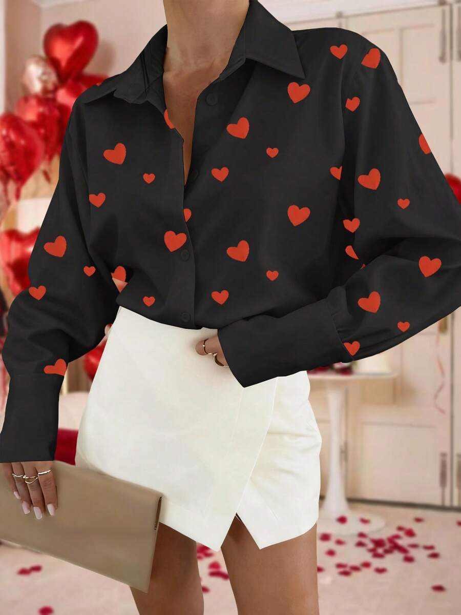 Chemise à manches longues avec imprimé cœur pour femmes, chemisier ample à boutons devant, manches longues casual - Noir - Voir 1
