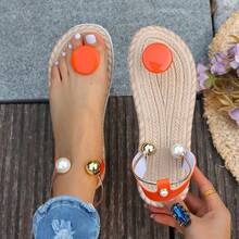女士珍珠人字拖凉鞋，夏季罗马风透气平底鞋，沙滩休闲两用，罗马风珍珠装饰凉鞋，女士夏季透气平底拖鞋，适合日常穿着和海滩活动 - 桔色 - 查看 9