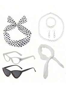 This 5-Piece Set, Suitable For Women In Their 20s, 40s, 50s, And 70s, Includes A 1950s Retro Solid Color Scarf, Cat-Eye Glasses, A Polka Dot Headband, And Gloves. It's Perfect For 1950s-Themed Solid Color Parties, Halloween Cosplay, Costume Parties, Everyday Wear, Themed Parties, And Valentine's Day Women's Party Accessories.