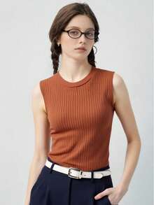 Bamboo Fashion Regata Feminina Elegante Verão Primavera Tecido fazer frio Camisa Camiseta Cor de Sólida Gola Redonda - Castanho - Visão 6