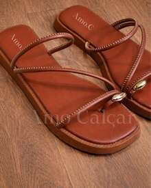 Women's Flatform Sandal With ABS Detail On The Little Toe, Elegant Women's Flat Summer - 鏽棕色 - 查看 2