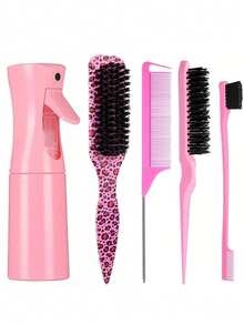 Hair Styling Tool Set – Spray Bottle, Leopard Bristle Brush, Rat Tail Parting Comb, Edge Brush & Cleaning Tool For Sectioning, Detangling & Daily Styling(5PCS)(200ml) - Multicolor - View 9