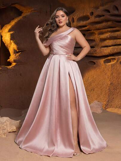 Faeriesty 大码不对称单肩晚礼服 - 优雅正式礼服，采用垂褶胸部设计，修身A字廓形，高开衩，适合新年派对、节日庆典、红毯活动、盛大晚宴和假日晚宴。