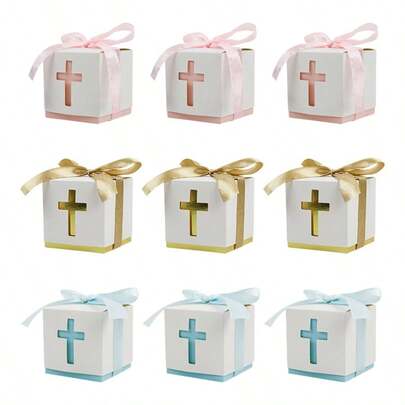 25 PIEZAS Caja de papel con diseño de cruz con tema de para dulces y golosinas con cinta, paquete de regalo para favores de Primera Comunión y Baby Shower